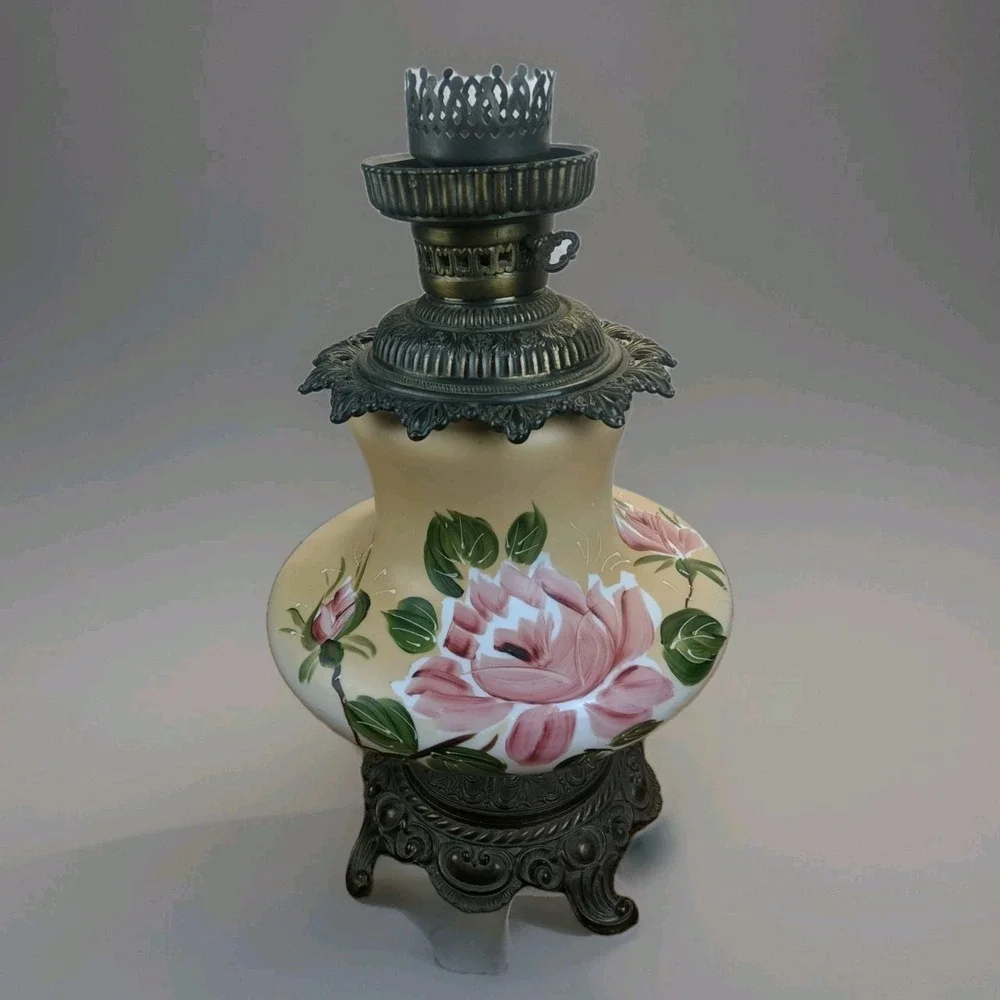 Antique Victorian Art Nouveau Gone With the Wind Hand Painted Peony Floral Lamp